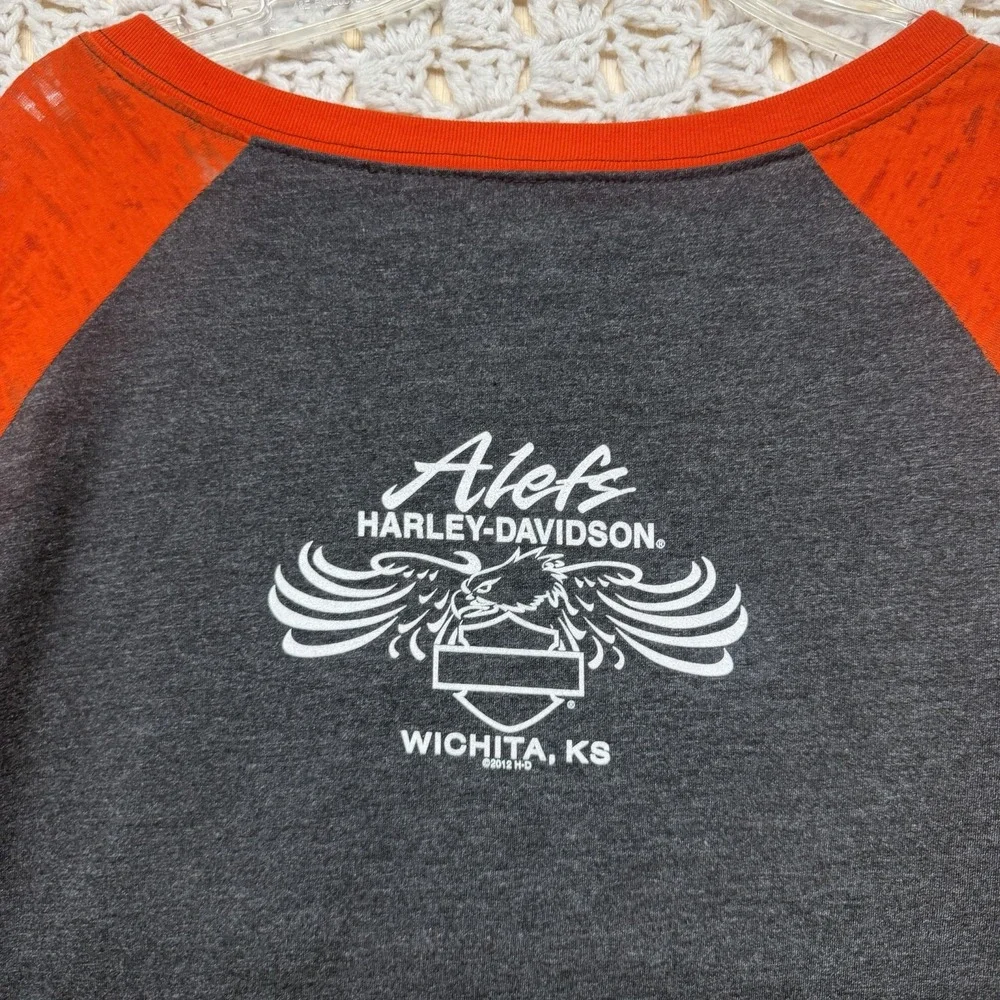 Harley Davidson Top Shirt Women Size L Black orange Motorcycle 3/4 Sleeve V Neck - Picture 4 of 10
